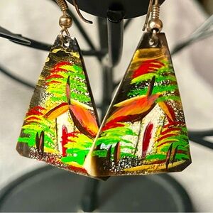 Haitian Hand Crafted Painted Enamel Black Sea Shell Dangle Earrings Handmade Art